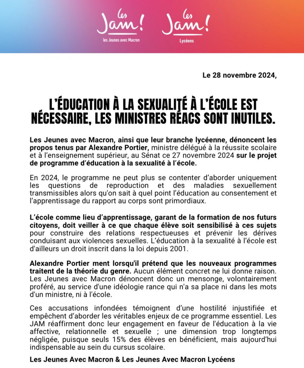 Un ministre ne devrait pas dire ça ! Les <a href="/JeunesMacron/">Les Jeunes avec Macron</a> et @JAMLyceens dénoncent les propos d'@APortier69 sur l’existence d’une "théorie du genre". 

Nous réaffirmons le besoin d’une éducation à la sexualité digne de ce nom pour mieux protéger et accompagner les jeunes !
