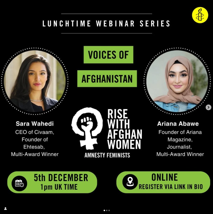 Join <a href="/AmnestyUK/">Amnesty UK</a>, Ariana Abawe and Sara Wahedi for a webinar offering the stage to inspiring young Afghan women of the diaspora, who are leading innovative ideas to raise awareness and advocate for the situation in Afghanistan.
📅 5 December, 1 pm GMT

✍️tinyurl.com/vewfnp3t