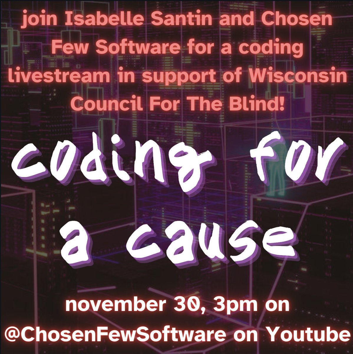 chosenfewsoft's tweet photo. Watch Isabelle Santin coding LIVE! for a cause, raising awareness for accessible software design/implementation, and encouraging donations to Wisconsin Council of the Blind and Visually Impaired.

YouTube livestream link: https://t.co/RbYlbKugYu https://t.co/f6x7WMz99c
