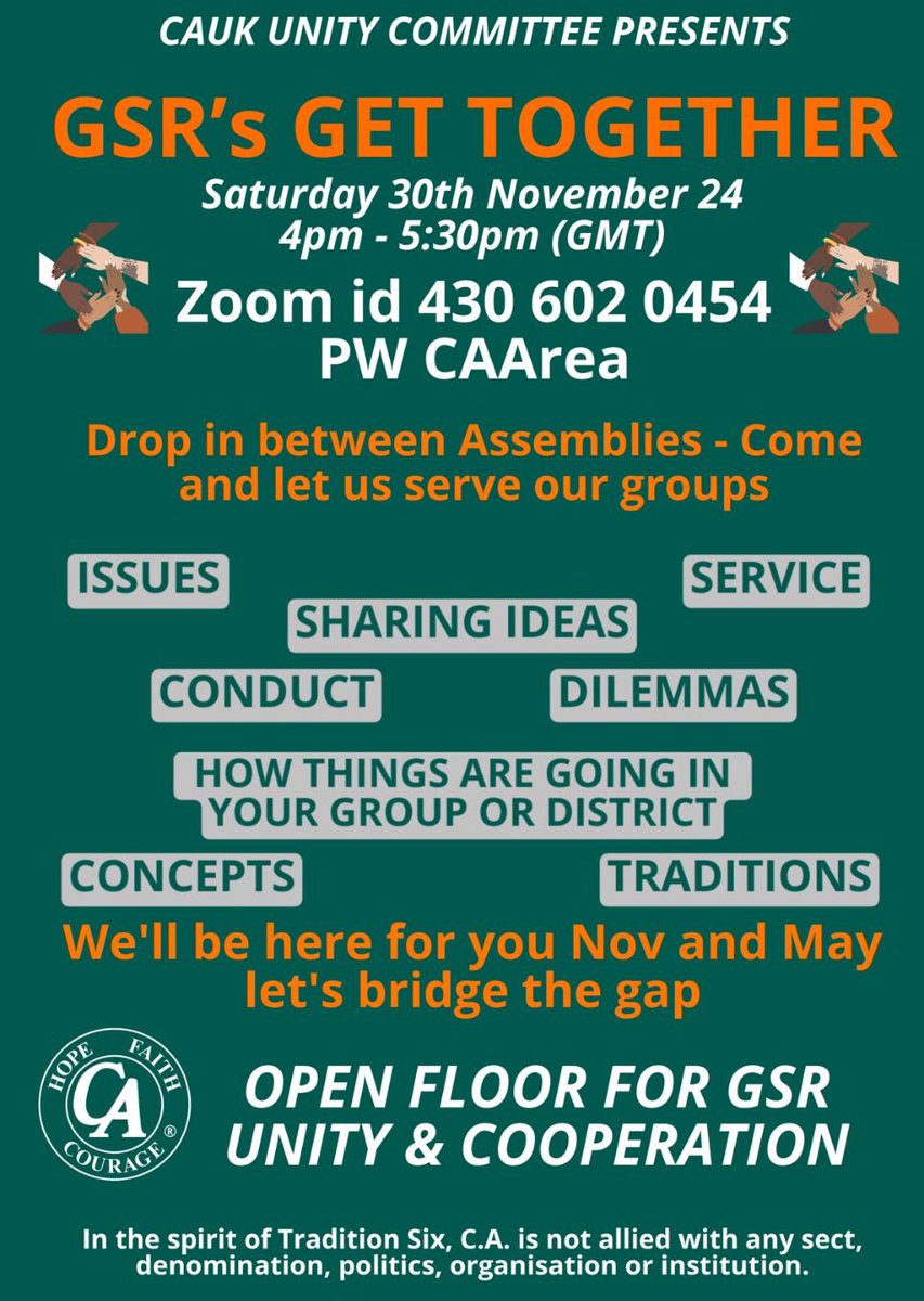 SERVICE: Online get together for GSRs serving in the CAUK Area. It’s an open floor forum for you to discuss what is important to your Group.

#CocaineAnonymous #CAUK #GSR #service #12Step #drug #addiction #recovery #unity