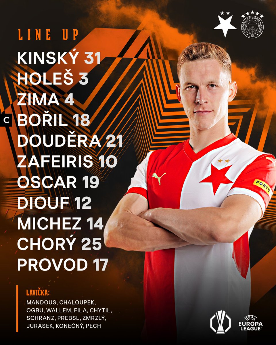 slaviaofficial's tweet photo. 👥 Proti Fenerbahçe vyběhne tato 𝐗𝐈 #slafen

©️ Kapitán Jan Bořil v obraně
💨 Simion Michez na pravém kraji
🗼 Tomáš Chorý na hrotu

📰 https://t.co/TUn8wJdA9R https://t.co/i2m590cTbL