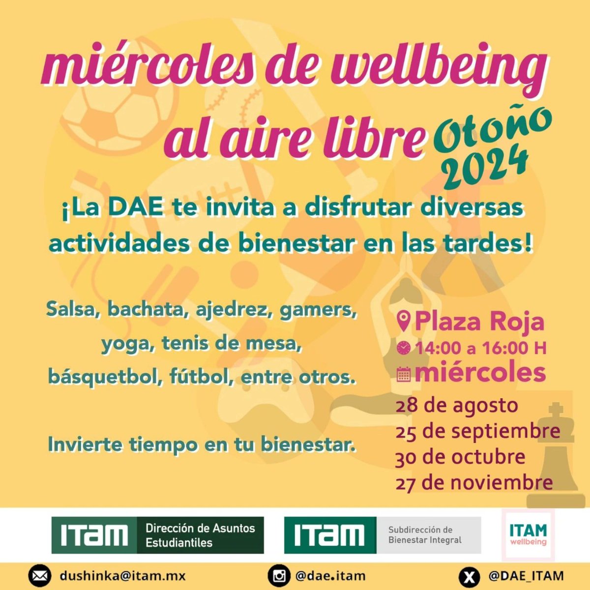 DAE_ITAM's tweet photo. #AsíSeVivió Miércoles de Wellbeing al aire libre #OTOÑO2024‼️ 🏀⚽🧘🏻♂💃🏼♟
☀El deporte es salud!
#DAE @ITAM_mx Bienestar Integral
#ProgramaITAMwellbeing #DeportesITAM #MiércolesDePlazaRoja #ExcelenciaHumana
@aef_itam @elsupuesto @AjedrezItam https://t.co/MnfS8Xm49W