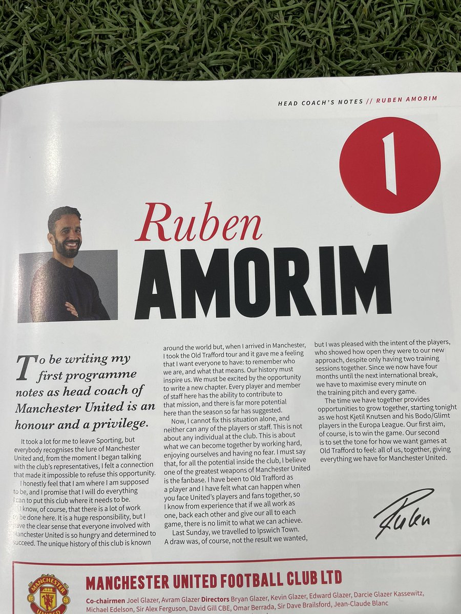 Oscarcordeiro2's tweet photo. Amorim no Matchday Programme 
“Honra e privilégio “
#RubenAmorim #ManUnited #europaleague
@DAZNPortugal https://t.co/Ek55b5Abwy