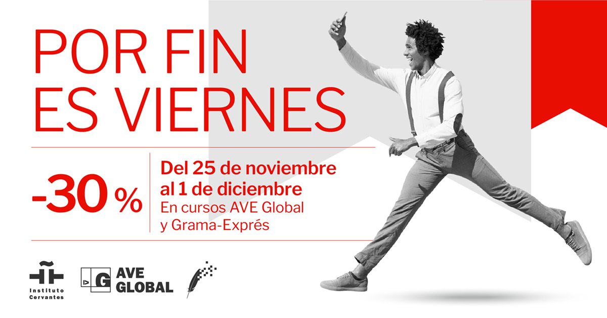Esta semana, todos los días son viernes😜 
¡30 % de descuento en nuestros cursos de español en línea!
🛒Cursos generales #AVEGlobal 👉 52,50 € clic.cervantes.es/es/cursosavegl…
🛒Cursos de gramática #GramaExprés 👉 10,50 € clic.cervantes.es/es/gramaexpres
#viernesnegro #blackfriday