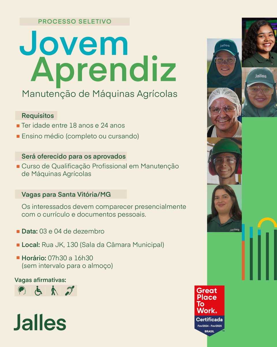 jalles's tweet photo. Estamos com vagas abertas para jovem aprendiz na área de Manutenção de Máquinas Agrícolas.

Os interessados devem comparecer presencialmente nos dias, horário e local informados na arte.

Vagas para nossa unidade em Santa Vitória/MG.

#Jalles #oportunidades #SantaVitória #MG https://t.co/i3OVj8hmgi