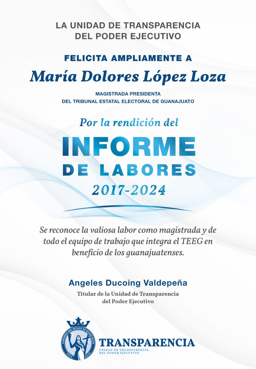 UTAPE Unidad de Transparencia del Poder Ejecutivo (@utapegente) on Twitter photo Felicitamos a la Magistrada Presidenta del <a href="/TEEGTO/">Tribunal Estatal Electoral de Guanajuato</a>, <a href="/lolitalopezloza/">María Dolores López Loza</a> por su Informe de Labores. Se reconoce su trabajo y de todo su equipo, por garantizar procesos transparentes y en beneficio de los guanajuatenses. ¡Compromiso con la democracia y la rendición de cuentas! Felicitamos a la Magistrada Presidenta del <a href="/TEEGTO/">Tribunal Estatal Electoral de Guanajuato</a>, <a href="/lolitalopezloza/">María Dolores López Loza</a> por su Informe de Labores. Se reconoce su trabajo y de todo su equipo, por garantizar procesos transparentes y en beneficio de los guanajuatenses. ¡Compromiso con la democracia y la rendición de cuentas!
