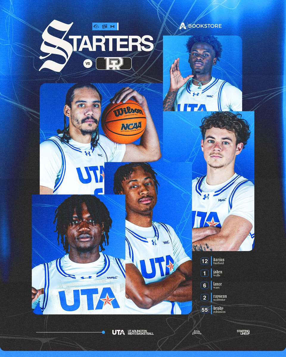 UT Arlington Men’s Basketball (@utamavsmbb) on Twitter photo Today's starting 🖐️ against the Rams of Rhode Island, presented by the <a href="/UTABookstore/">UTA Bookstore</a>
#BuckEm 🐎 | #EmptyTheTank 🪫 Today's starting 🖐️ against the Rams of Rhode Island, presented by the <a href="/UTABookstore/">UTA Bookstore</a>
#BuckEm 🐎 | #EmptyTheTank 🪫