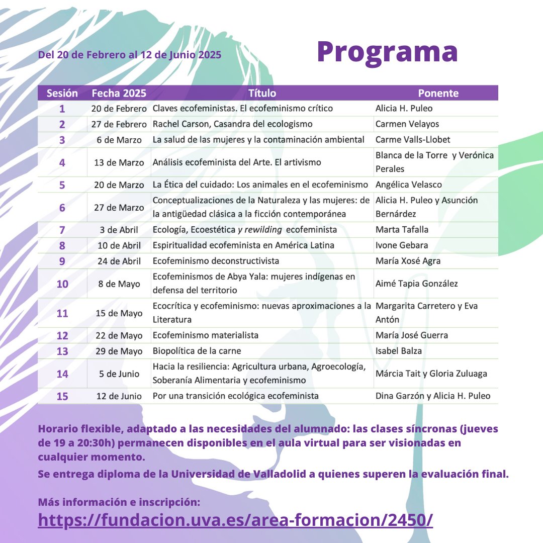 ¡Abierto el plazo de inscripción📝de la quinta edición del #cursoonline de #ecofeminismo dirigido por <a href="/AliciaPuleo/">Alicia Puleo</a> y <a href="/_angelica_vs/">Angélica Velasco Sesma</a>! 

📆Del 20 de Febrero al 12 de junio del 2025.

+ Info e inscripción:
fundacion.uva.es/area-formacion…

#ecofeministas ☂️ #otromundoposible 🐳  #formación 🍀