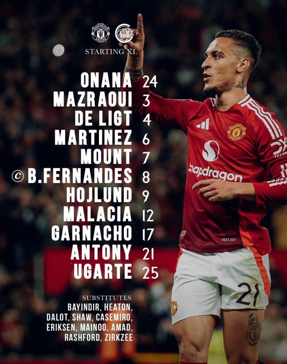 FabrizioRomano's tweet photo. 🚨 First start in 550 days for Tyrell Malacia, first start in 90 days for Mason Mount as Man United face Bodø-Glimt.

Antony also gets his first start under Rúben Amorim. 🇧🇷 https://t.co/xFzdlJmOuR