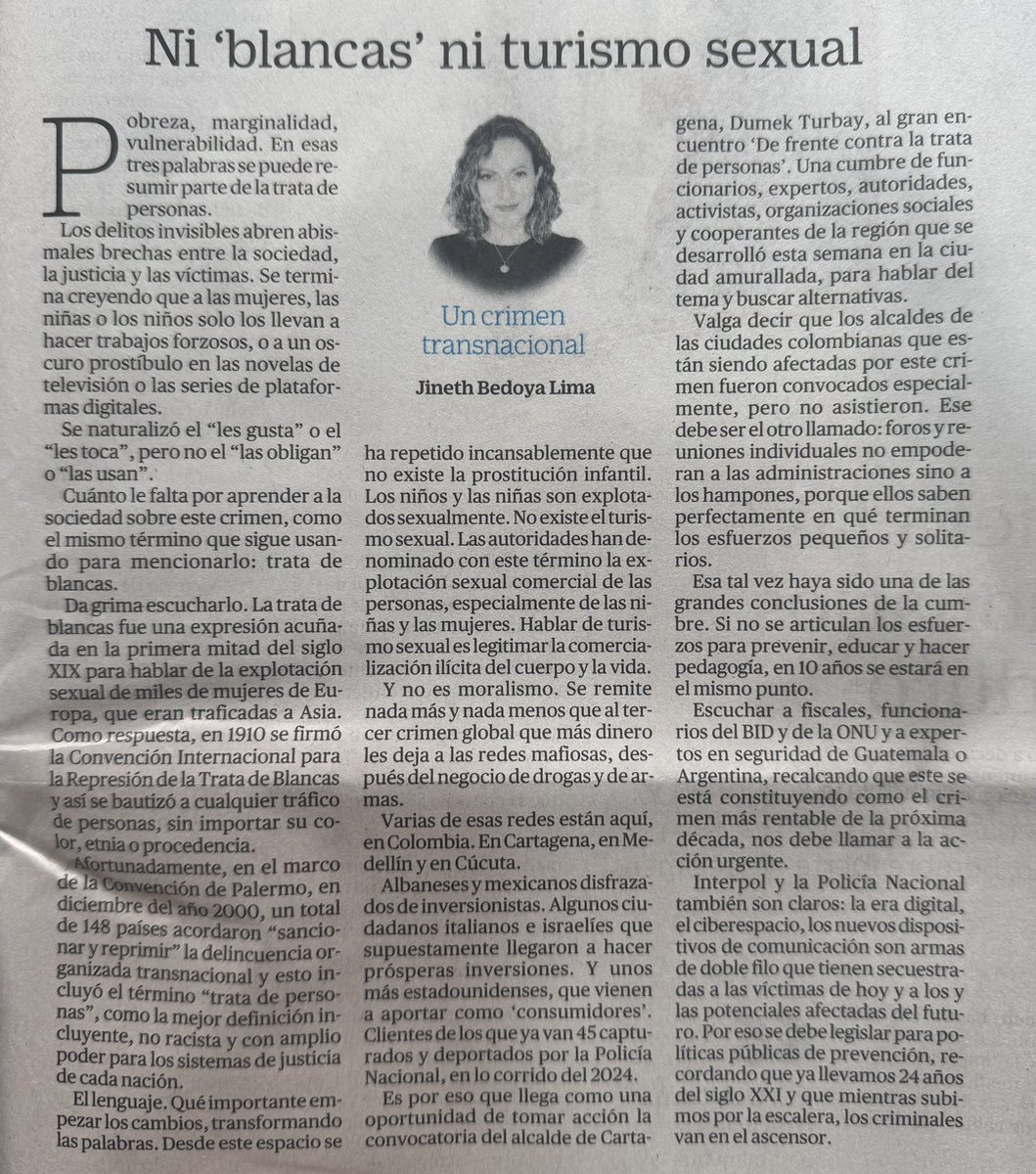 Jineth Bedoya Lima (@jbedoyalima) on Twitter photo Los delitos invisibles, como la trata con fines de explotación sexual, abren abismales brechas entre la sociedad, la justicia y las víctimas. Se termina creyendo que a las mujeres, las niñas o los niños “les gusta” pararse en una esquina. Gracias <a href="/dumek_turbay/">Dumek Turbay Paz</a> por la voluntad. Los delitos invisibles, como la trata con fines de explotación sexual, abren abismales brechas entre la sociedad, la justicia y las víctimas. Se termina creyendo que a las mujeres, las niñas o los niños “les gusta” pararse en una esquina. Gracias <a href="/dumek_turbay/">Dumek Turbay Paz</a> por la voluntad.