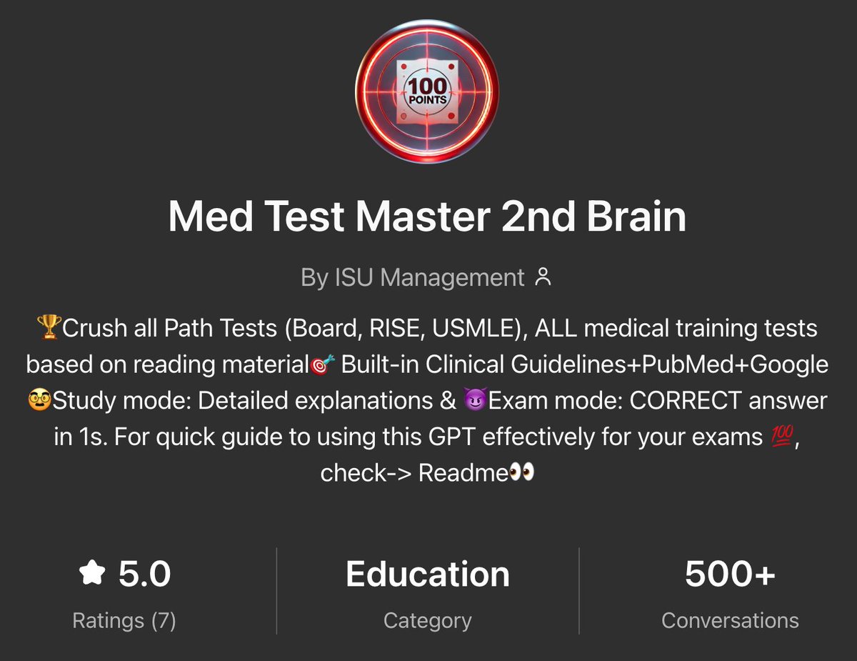 Can GPT Crush all Path Tests: Boards, RISE, USMLE, and ALL medical field training tests?

Try my FREE GPT: Med Test Master 2nd Brain (chatgpt.com/g/g-E7WkJFOJb-… ) to assist you in passing all text-based Pathology tests or training questions painlessly.