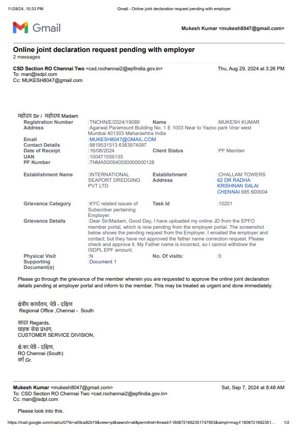 MchauhanMukesh's tweet photo. @rochennaisouth @socialepfo @epfochennaizo @EpfoZoCbe Please look into this matter also. I visited Chennai RO my joint declaration is still pending from the employer side for four months keep on hold. https://t.co/3SkcFmLtBV