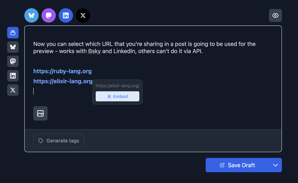 solnic_dev's tweet photo. Now in @justcrosspost you can select which URL that you're sharing in a post is going to be used for the preview - works with Bsky and LinkedIn, others can't do it via API. Simply hover over a URL and click "Embed" 🙂

#BuildInPublic #Crossposting https://t.co/Def5mfnIeO