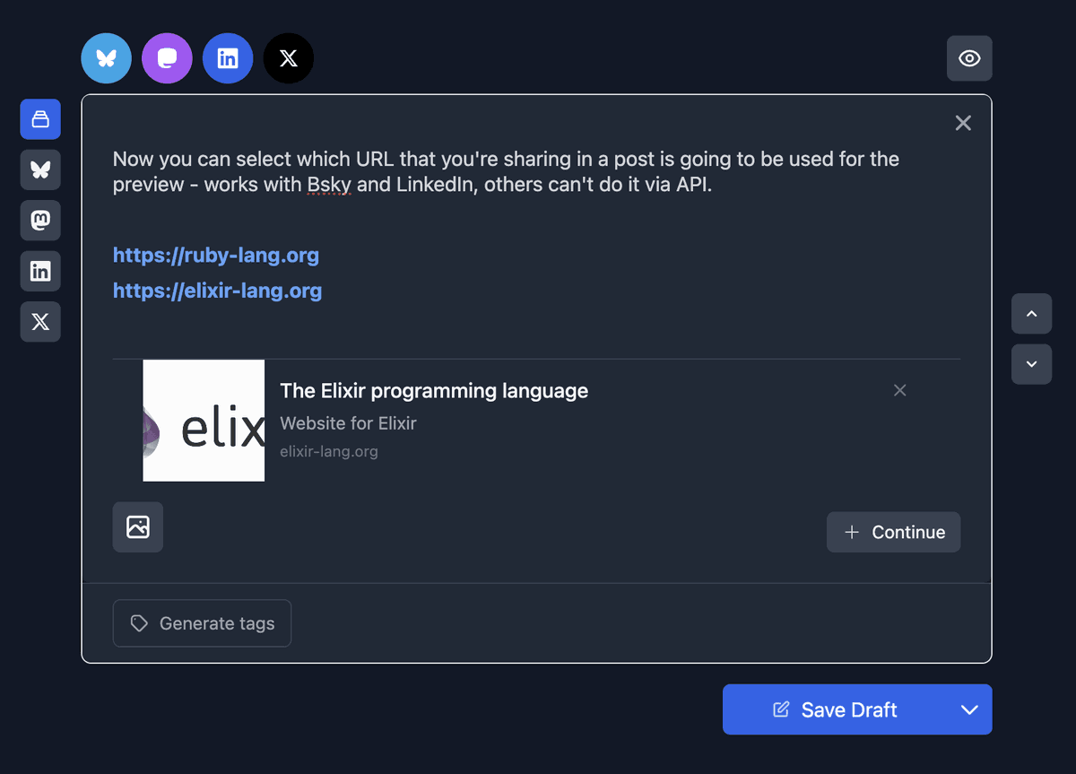 solnic_dev's tweet photo. Now in @justcrosspost you can select which URL that you're sharing in a post is going to be used for the preview - works with Bsky and LinkedIn, others can't do it via API. Simply hover over a URL and click "Embed" 🙂

#BuildInPublic #Crossposting https://t.co/Def5mfnIeO