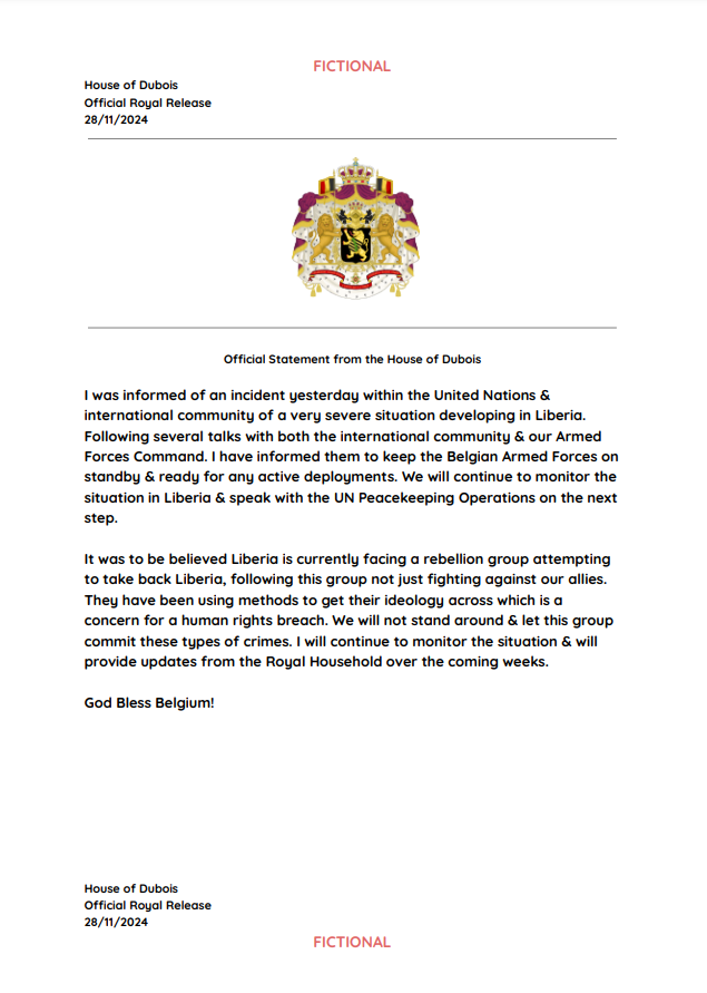 BEL_HMArthur's tweet photo. Official Statement from His Majesty in regards to the growing concerns in Liberia. Full statement below:

https://t.co/1R9TRh7juW

#fictional #roblox #belgium https://t.co/GE2uBsLPCB