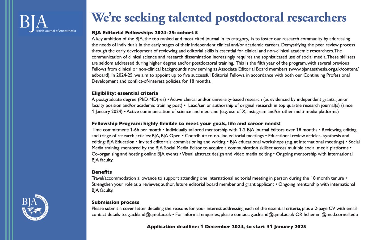 BJAJournals's tweet photo. WE ARE RECRUITING!

Join our highly sought after BJA editorial fellows programme. Gain a behind-the-scenes perspective on the academic publishing process &amp; develop mentored experience with science communication. 

Deadline 1st December 2024.

 #editorial #fellows #mentorship https://t.co/p9NuJ4aeIp