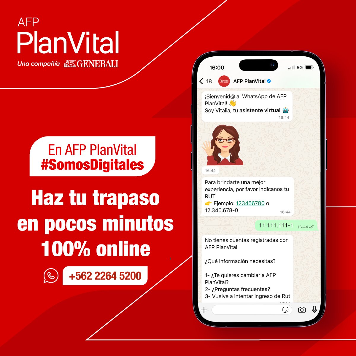 planvitalafp's tweet image. Cámbiate a AFP PlanVital en pocos minutos, agrega nuestro 
WhatsApp +562 226 452 00 📱💬, saluda a Vitalia, y sigue los pasos. 100% online.​
​
#AFPPlanVital #Certificados #WhatsApp #Vitalia