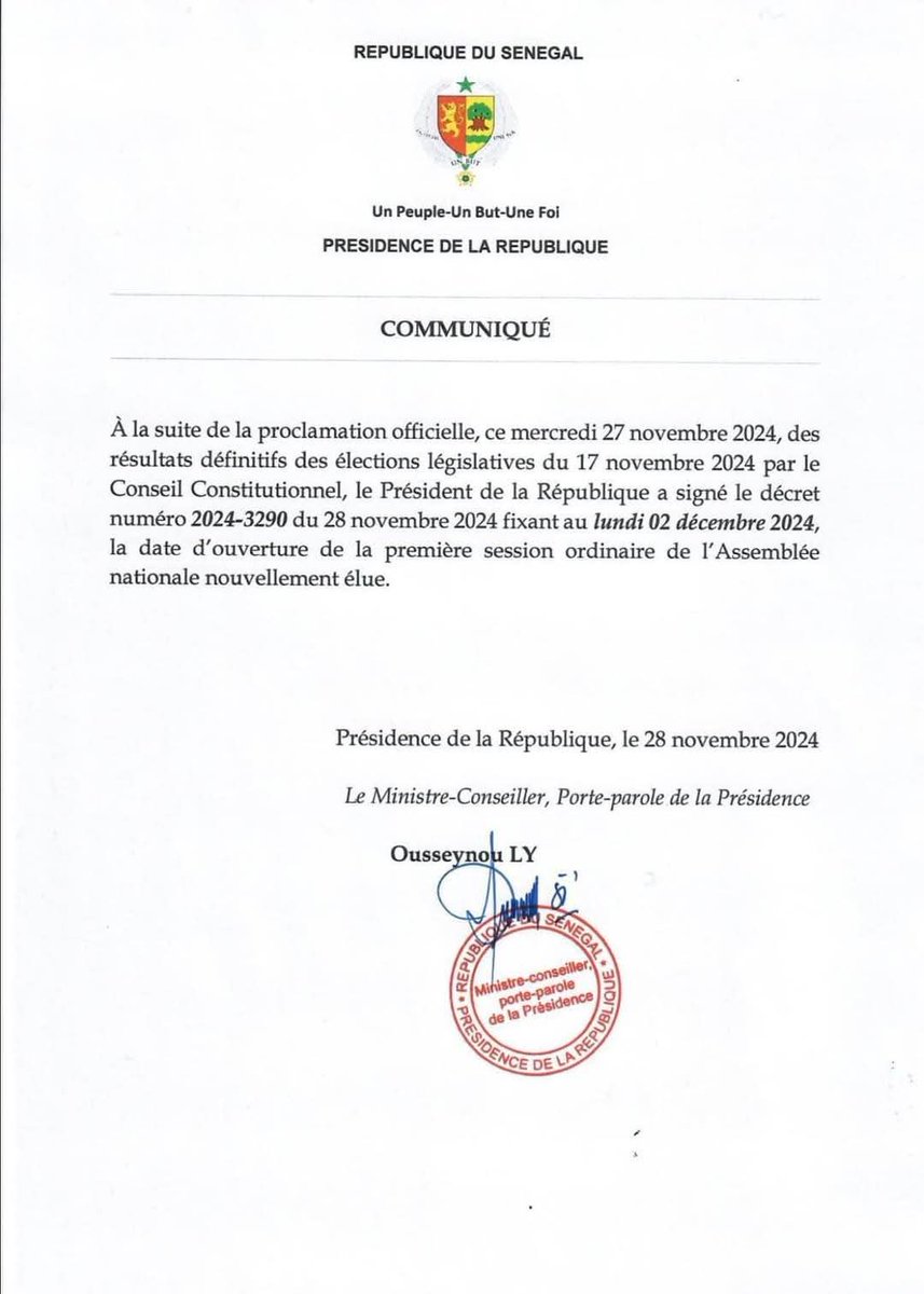 Sénégal Vote (@senegalvote) on Twitter photo Le Président de la République Son Excellence <a href="/PR_Diomaye/">Bassirou Diomaye Faye</a> fixe la date de la première session ordinaire de l'assemblée nationale au Lundi 02 Décembre 2024.
#SenegalVote Le Président de la République Son Excellence <a href="/PR_Diomaye/">Bassirou Diomaye Faye</a> fixe la date de la première session ordinaire de l'assemblée nationale au Lundi 02 Décembre 2024.
#SenegalVote