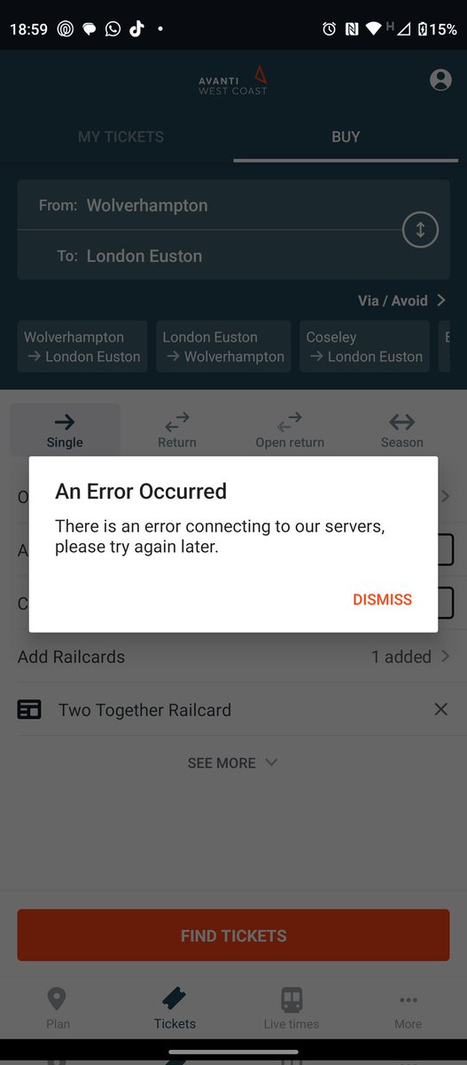 DanielPRoberts's tweet photo. @AvantiWestCoast Trying to book a ticket but getting this error message. Is this a known issue? Many thanks. https://t.co/3TZw6YJYjf