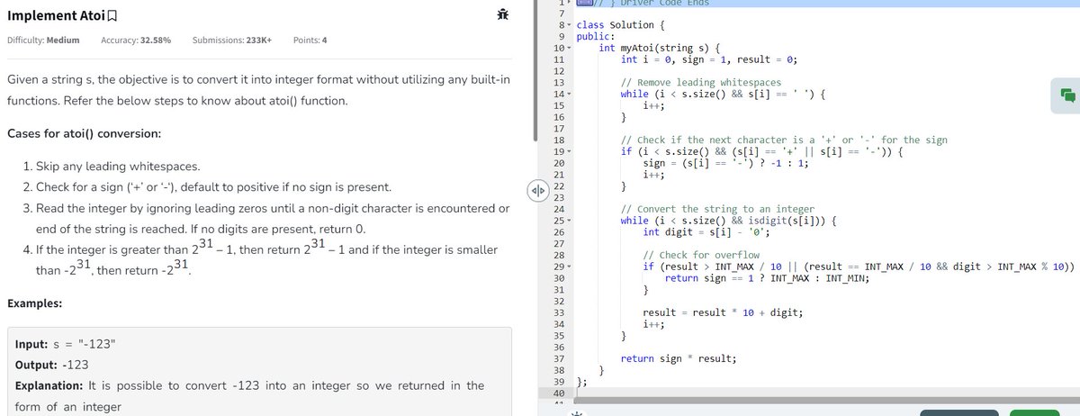 devoted_techie's tweet image. 🚀 Day 13/80 of #geekstreak2024! 🎯
💡 Problem: Implementing the Standard atoi Function
✅ Time: O(n) | Space: O(1)
@GeeksforGeeks
#GFG160 #CodingChallenge #GeeksForGeeks #ProblemSolving