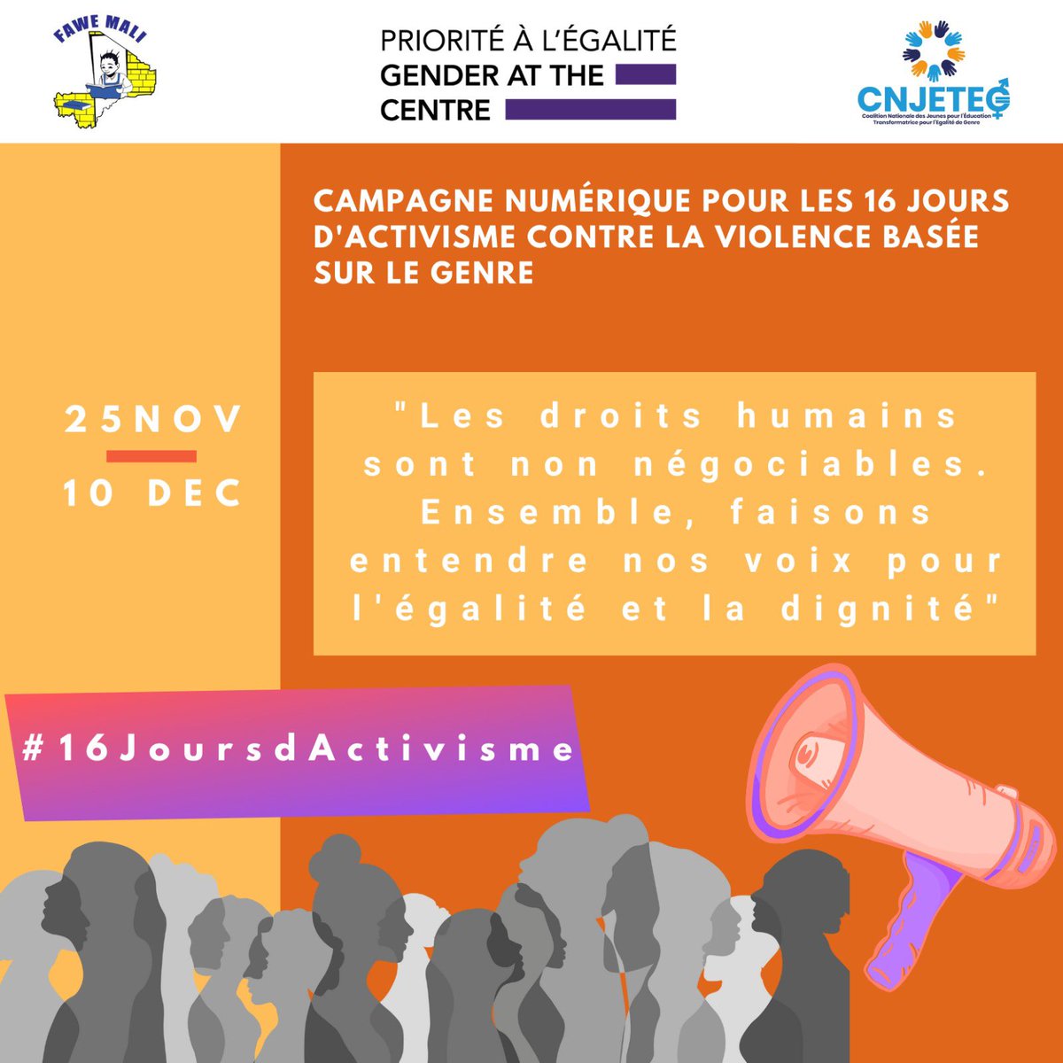 ✋🏻🛑La campagne numérique pour les 16 jours d’activisme contre les violences basées sur le genre continue. ⏹️

"Les droits humains sont non négociables. Ensemble, faisons entendre nos voix pour l'égalité et la dignité"
<a href="/UNGEI/">UN Girls' Education Initiative</a>  <a href="/unicefmali/">UNICEF Mali</a>  <a href="/FaweMali/">FAWE-MALI</a>