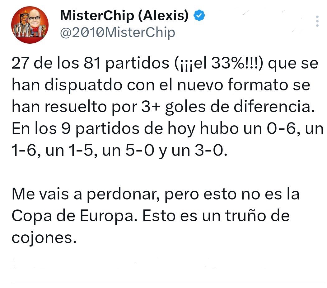 HoyEnDeportes4's tweet photo. El nuevo formato de la Champions es un truño de cojones porque el Madrid está cerca de quedar eliminado, si fueran los primeros, sin duda sería el mejor formato de la historia. ¡HALA MADRID! https://t.co/1ifd22P720