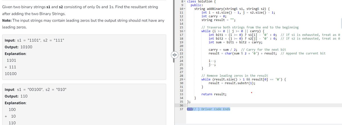 devoted_techie's tweet image. 🚀 Day 14/80 of #geekstreak2024! 🎯
💡 Problem: Add Binary Strings
✅ Time: O(n) | Space: O(1)
@GeeksforGeeks
#GFG160 #CodingChallenge #GeeksForGeeks #ProblemSolving #BinaryAddition