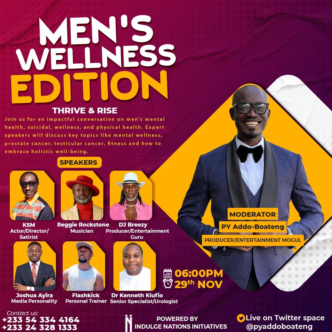 PY Addo-Boateng #blessthemicgh (@pyaddoboateng) on Twitter photo Join us on Friday 29th November 2024 <a href="/6pm/">Follow us @Shop6pm!</a> for an impactful conversation on X (Twitter space) with Experts and guest speakers as we discuss key topics on Men’s mental health, suicide prevention, prostate cancer, testicular cancer, fitness, and how to embrace holistic well-being. Join us on Friday 29th November 2024 <a href="/6pm/">Follow us @Shop6pm!</a> for an impactful conversation on X (Twitter space) with Experts and guest speakers as we discuss key topics on Men’s mental health, suicide prevention, prostate cancer, testicular cancer, fitness, and how to embrace holistic well-being.