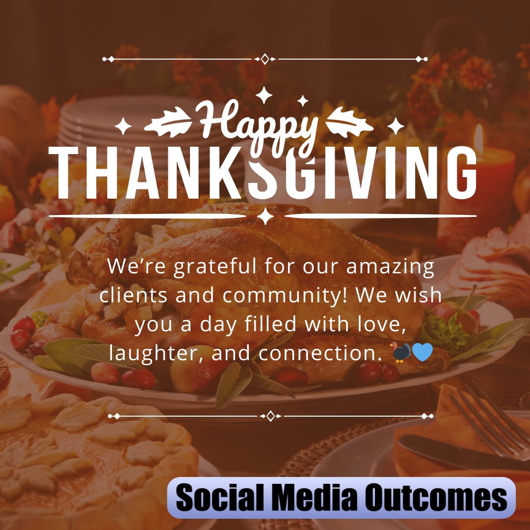 We're grateful for our amazing clients &amp; online community! 💙  Wishing you a meal full of laughter, love, &amp; connection. 🦃 Here's  to cherishing the moments that matter. Happy Thanksgiving! 🥂🍴 

#Thankful #CommunityLove