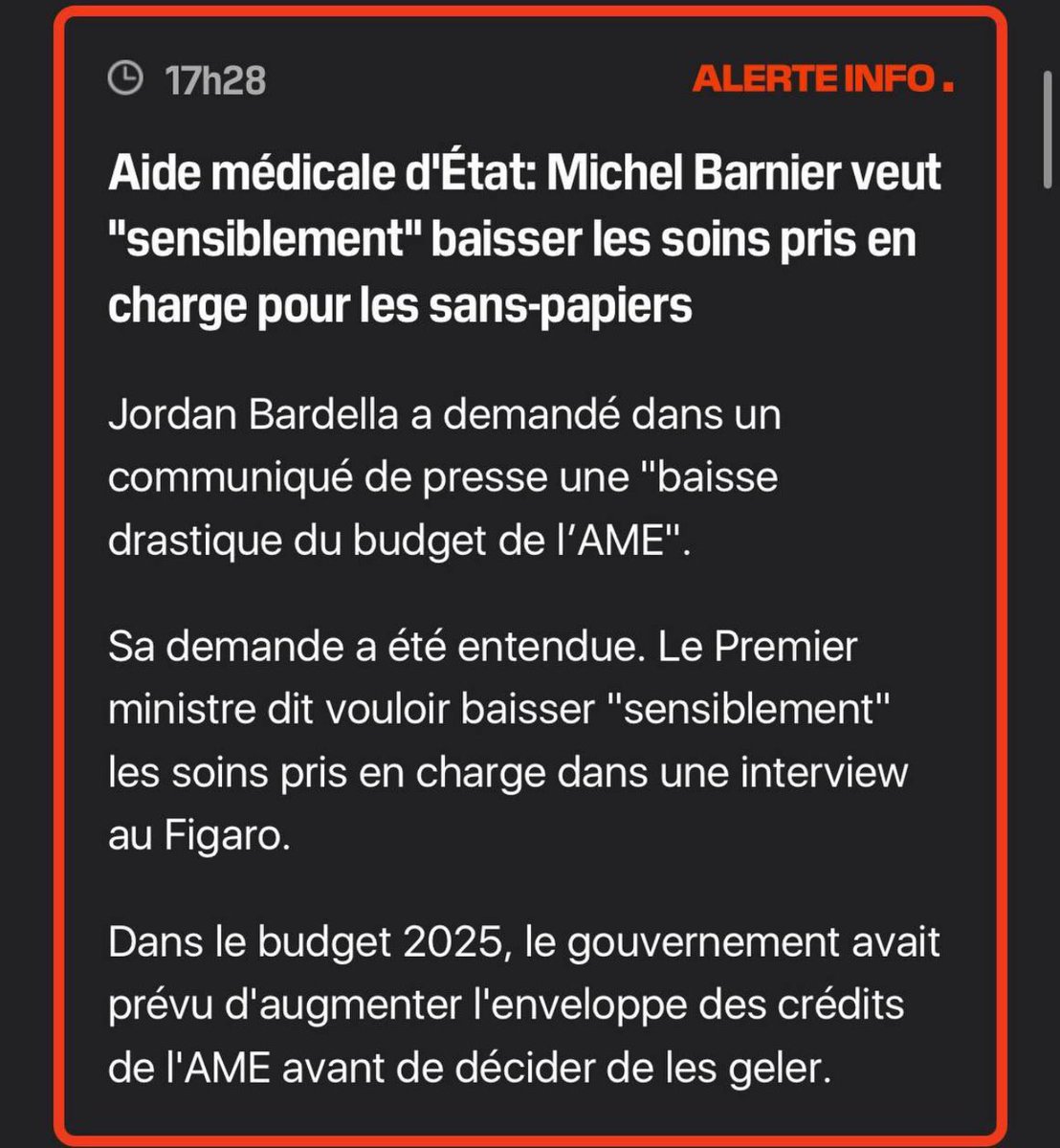 Ce soir, le Premier ministre du bloc libéral-macroniste préfère tendre la main à l'extrême-droite... plutôt que d'accepter les propositions de la gauche de justice fiscale.

À la place ? Toucher à l'#AME. Odieux pour la dignité humaine, dangereux pour la santé publique en France.
