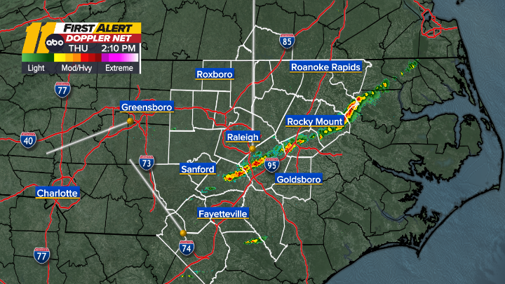 BigweatherABC11's tweet photo. As a line of showers plows through, skies are clearing West to East. Get ready for freezing temps behind this line. #brrr #coldagain #HappyThanksgiving https://t.co/bCFx771jrU