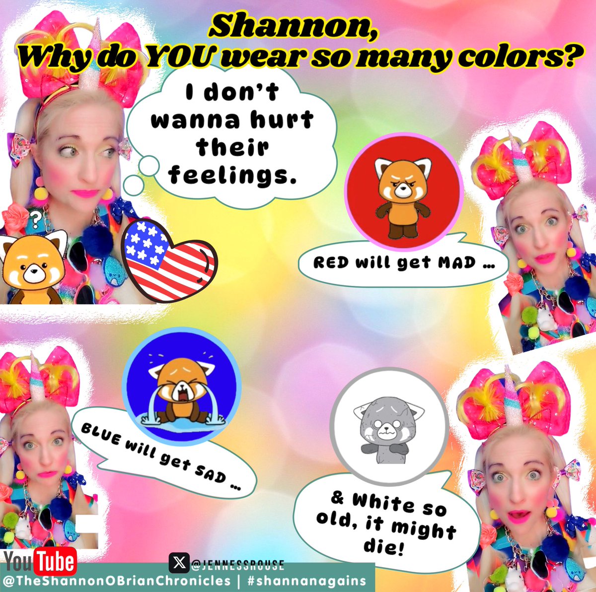 Shannon likes to wear a LOT of colors … but her reasons may surprise you. Here’s her what she has to say about USA’s “RED”, “WHITE,” &amp; “BLUE.”

#red, #white, #blue, #funny, #rainbow, #usa, #shannanagains 

(From never before seen “JUST ASK SHANNON II Q3: “RAINBOW COLORS” that