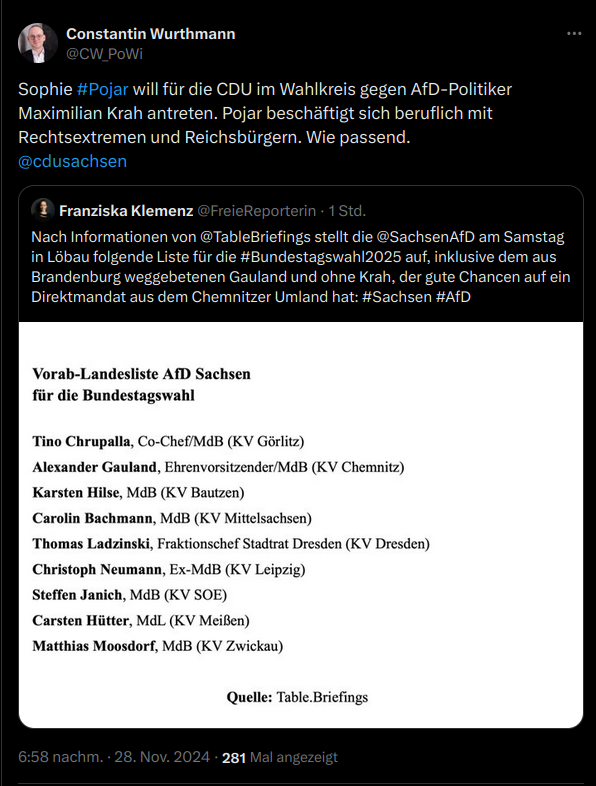huberzwitschert's tweet photo. #Pojar schreibt an der TU #Chemnitz eine Doktorarbeit mit dem Titel "Die Radikalisierung der sächsischen Reichsbürger".
Sollte Max #Krah im Wahlkreis 162 (Chemnitzer Umland) gegen sie antreten, hat er beste Chancen auf einen Sieg.
Dafür wünsche ich ihm alles Beste.
#AfD @KrahMax https://t.co/9gvpp3fE5G