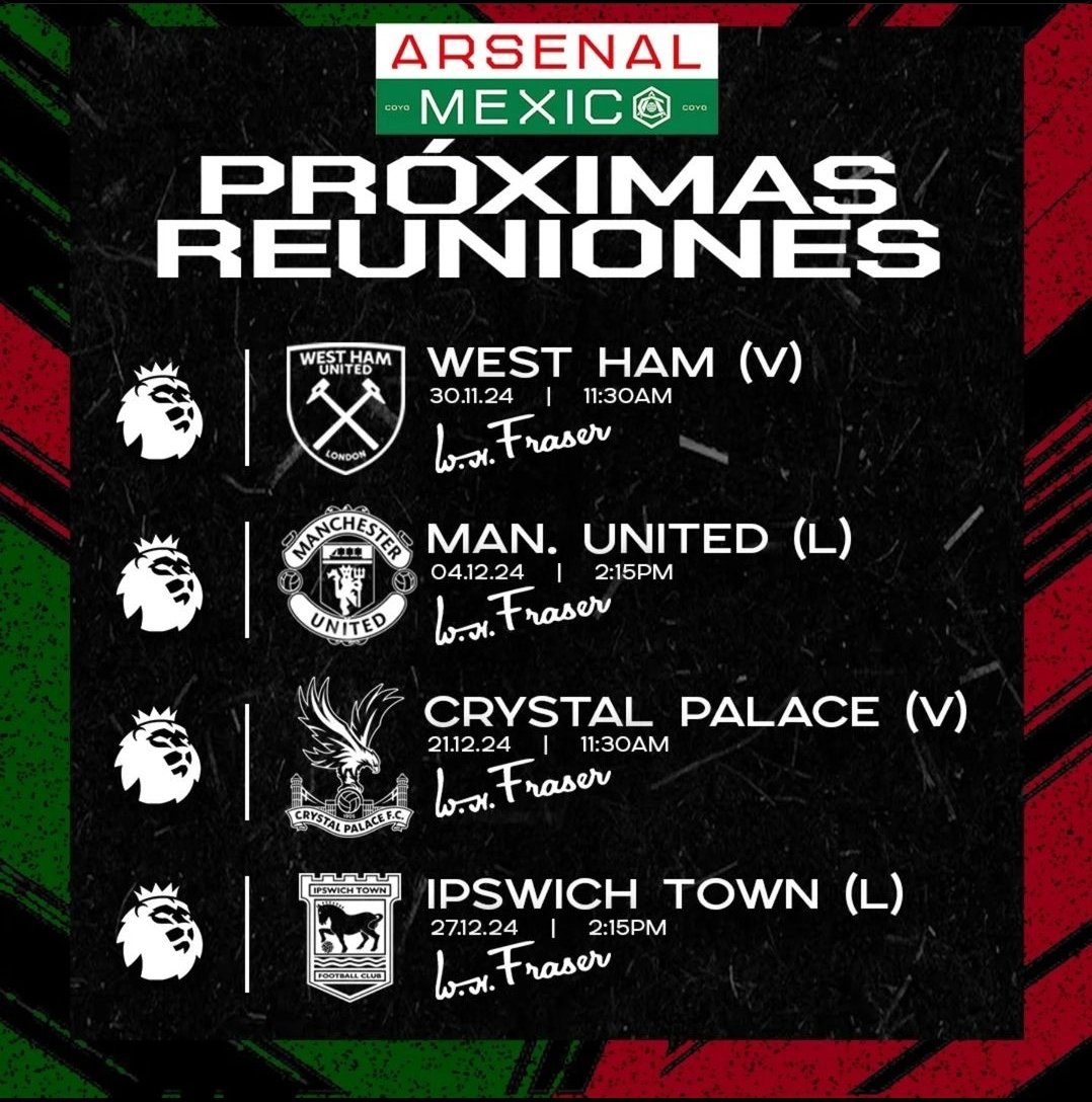GoonersMexico's tweet photo. Gooners, les dejamos el calendario de reuniones para el resto del año, por supuesto todos en el WH Fraser. Nos tocan varios horarios favorables así que no olvides asistir. Si tienes alguna pregunta, mándanos un DM.

#coyg #arsenalfc #arsenalsupporters #arsenal #gunners #gooners https://t.co/TdNX3gAbe1