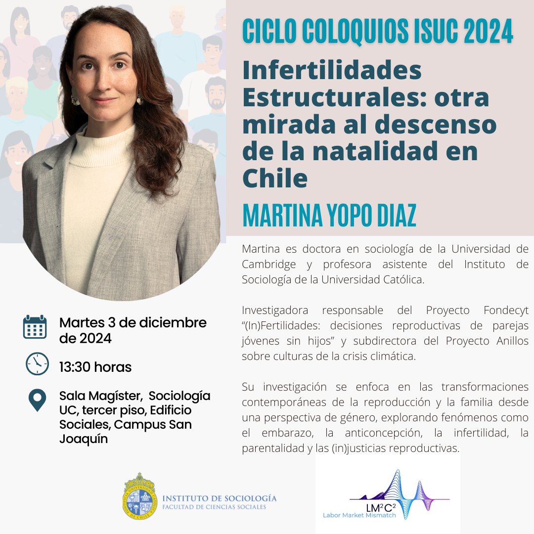 SociologíaUC (@ucsociologia) on Twitter photo Coloquio "Infertilidades Estructurales: otra mirada al descenso de la natalidad en Chile" con <a href="/MartinaYopo/">Martina Yopo Díaz</a> académica Sociología UC
📆Martes 3/12
⏰ 13:30 horas
📍Sala Magíster Sociología, tercer piso, edificio Sociales UC, Campus SJ
Inscríbete  forms.office.com/r/GQkkxCa41t Coloquio "Infertilidades Estructurales: otra mirada al descenso de la natalidad en Chile" con <a href="/MartinaYopo/">Martina Yopo Díaz</a> académica Sociología UC
📆Martes 3/12
⏰ 13:30 horas
📍Sala Magíster Sociología, tercer piso, edificio Sociales UC, Campus SJ
Inscríbete  forms.office.com/r/GQkkxCa41t