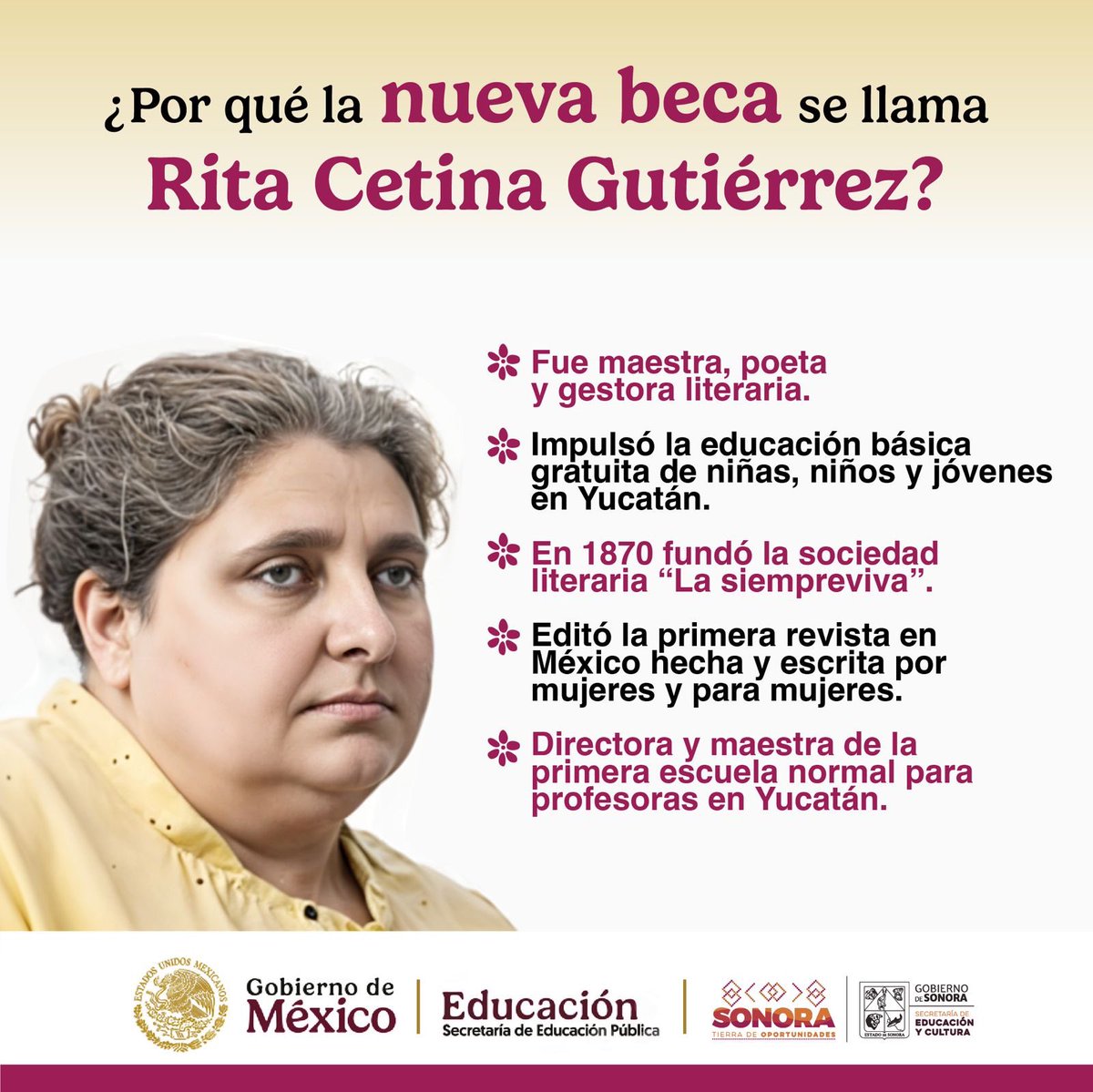 SECSonora's tweet photo. 🎓 ¿Sabes por qué se llama beca Rita Cetina? 🌟

Detrás de este nombre existe una historia inspiradora que honra la dedicación a la educación.📚✨

➡️ Consulta los requisitos y realiza tu registro en: https://t.co/wiYVc6q4Jr. https://t.co/PdHqJsXWz9