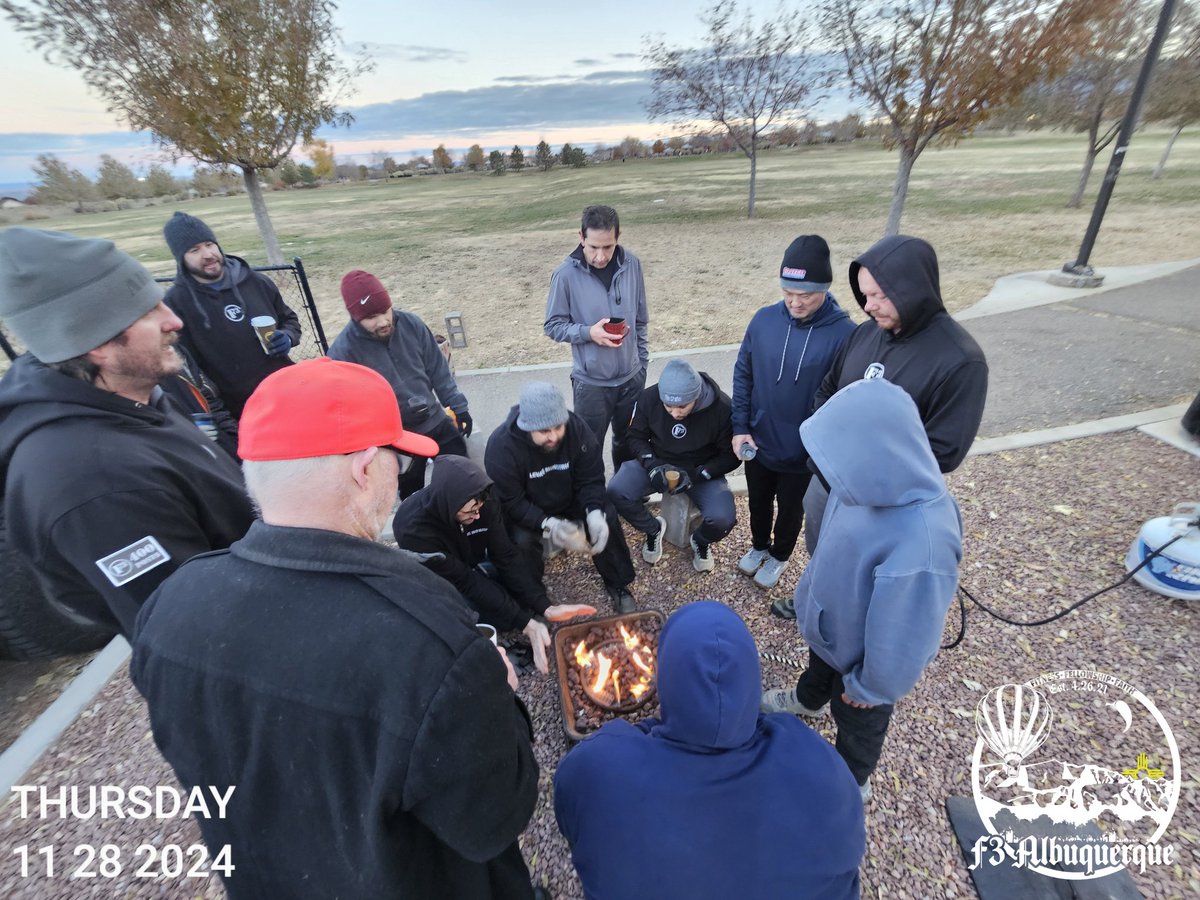 HAPPY THANKSGIVING!!! 15 super studs started the day with the #gobblerchallenge and earned that bird (or pie). Had a little PLC (parking lot coffee) with a portable fire pit

#f3nation #thanksgiving #TurkeyDay
