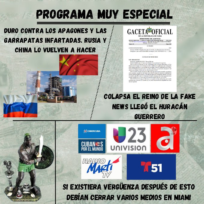 Duro contra los apagones y las garrapatas infartadas. Rusia y China lo vuelven a hacer. Colapsa el reino de las Fake News, llegó el Huracán Guerrero. Si existiera vergüenza después de los desmentidos de hoy, debían cerrar de inmediato varios medios de Miami. Hoy en YouTube. #Cuba
