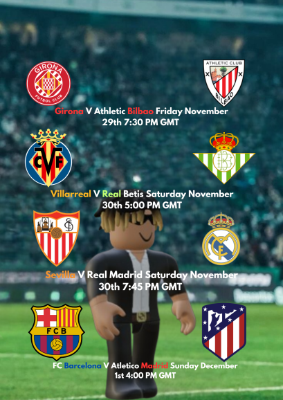LaligaRBLX's tweet photo. A Weekend Of Sport!!
5 massive games taking place across the weekend here in LaLiga with FC Barcelona V Atletico Madrid being the game of the weekend.
Keep an eye out for Cádiz and Real Sociedad on Sunday night also

#LaLiga #Roblox #Spain #Football https://t.co/4M0PutLDmz