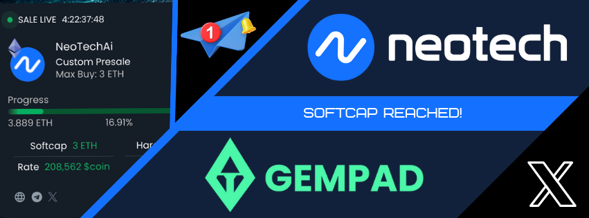 NeoTech_Ai's tweet photo. 🎉 We’ve hit the soft cap! 🚀

Thank you to all our early supporters, NeoTech AI $NEOT is officially making waves on GemPad! Your belief in our vision to merge AI, blockchain, and real-world utility is fueling the future.

💡 The presale is still LIVE, and there’s more to come! Secure your $NEOT and join the revolution!
🔗 Presale Link:
https://t.co/83jJa8AQNF

Let’s keep building together! 🌐✨
#NeoTechAI #SoftCapReached
