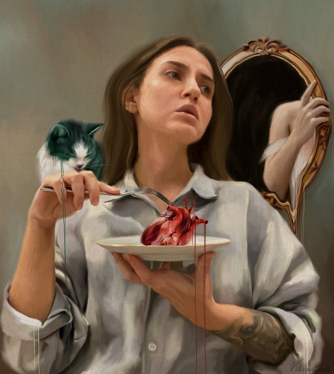 Good Morning ~ Commissioned Art💫

'Black Mirror'

Artist: <a href="/vikonstanti/">VIKONSTANTI</a> 

I absolutely love your style and the texture you use. You make the art come to life, thank you so much for this 😍🖤

Read the story below: 

"At the center of the composition is a plate with a heart, into