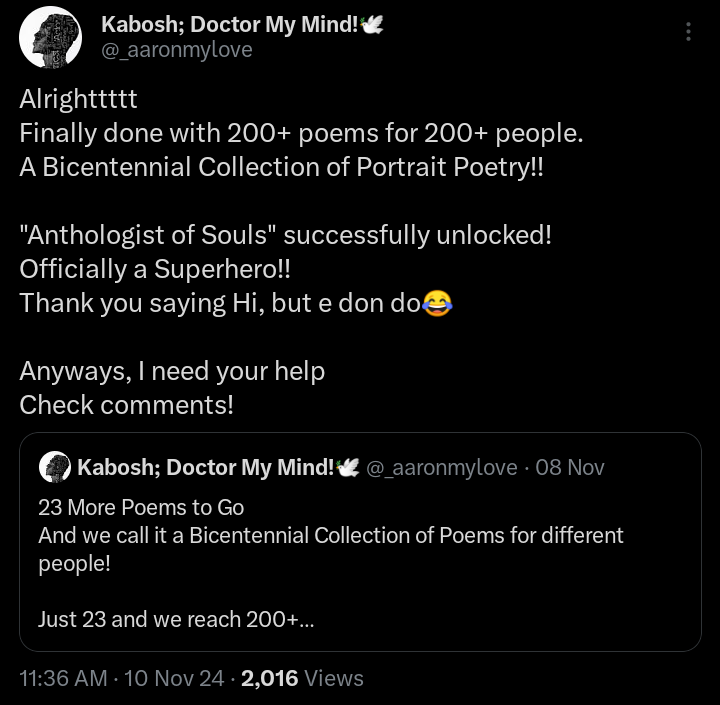 Deja_TheGenZDoc's tweet photo. I'd tag @_aaronmylove.
Aside the fact that he's been a very good friend, he's also one of the sweetest people.
Sometime ago, he wrote over 200 poems for over 200 random people on this app just to put smiles on their Faces... 1/3
#seasonofintention
@heartsandintent https://t.co/finzDqI9DP