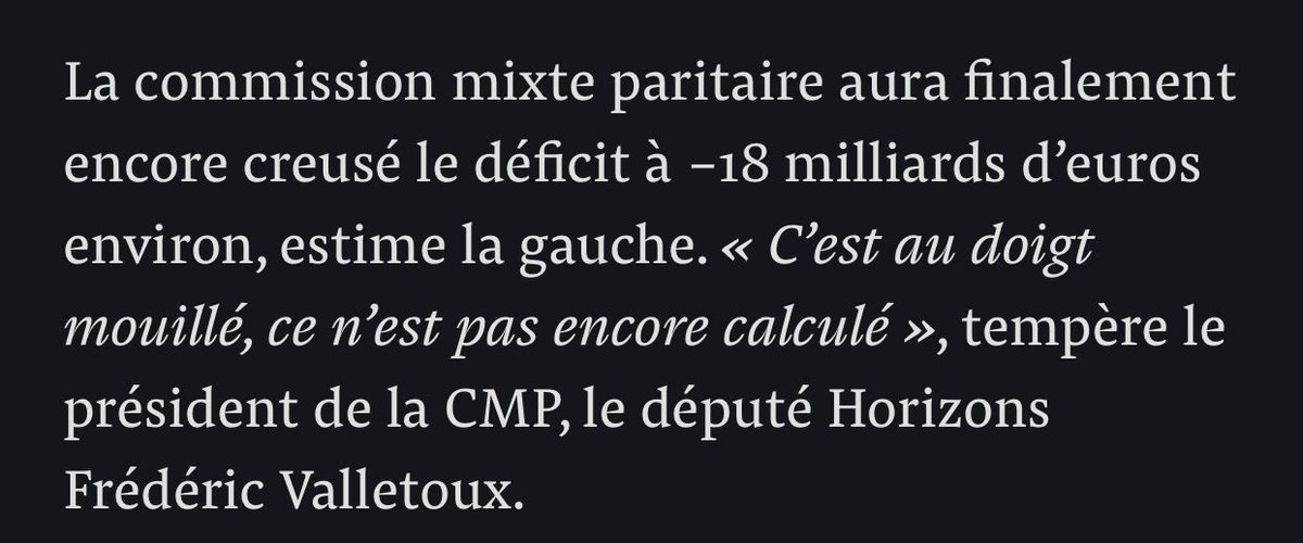Déficit de la Sécu sans mesures nouvelles: 18,5 Mds
Déficit de la Sécu après CMP: 18 Mds
Ça veut dire que les réductions de droits (arrêts maladie, ticket modérateur...) légitimées par la lutte contre le déficit de la Sécu... ne permettraient pas de réduire le déficit de la Sécu!