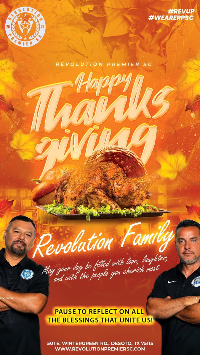 Happy Thanksgiving, Revolution Premier SC Family!

🍂We’re incredibly thankful for our amazing players, supportive parents, dedicated coaches, and the friendships that make this club feel like family! Together, we’re building something truly special, on and off the field. 🦃
