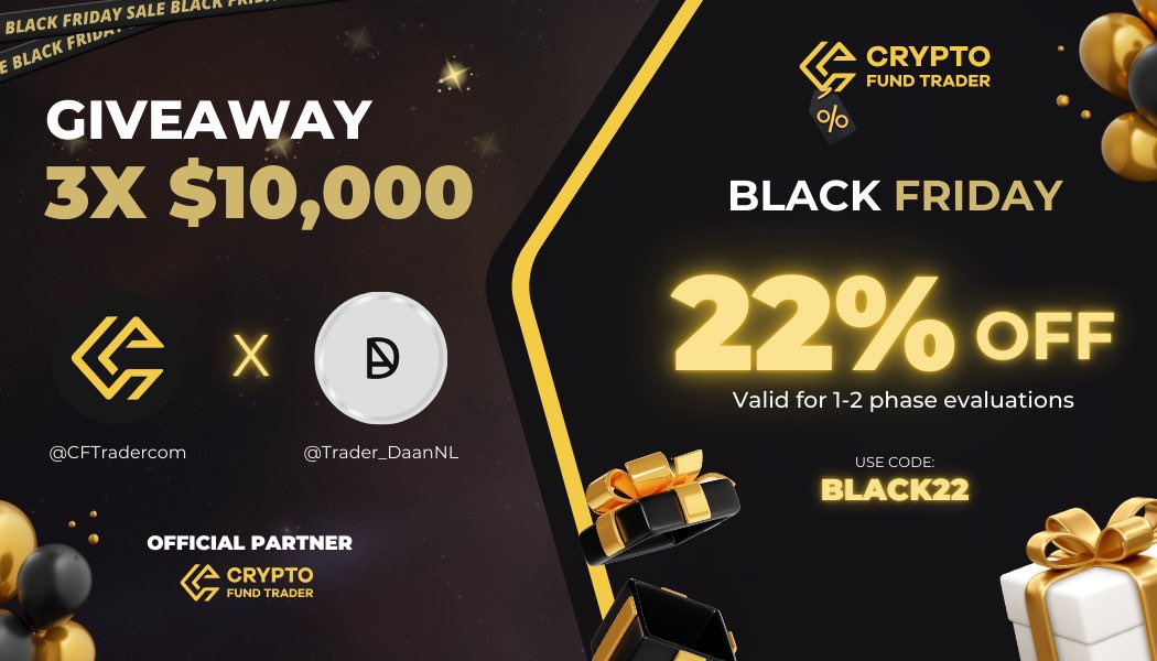 GIVEAWAY TIME 🚀🚀

Together with <a href="/CFTradercom/">Crypto Fund Trader</a> Im giving away 3x 10K challenges!

To participate in the giveaway:
- Follow me and make sure to like &amp; retweet this post!
- tag 3 friends!

They also have a Black Friday deal running which gives you a 22% DISCOUNT.

Enjoy the best
