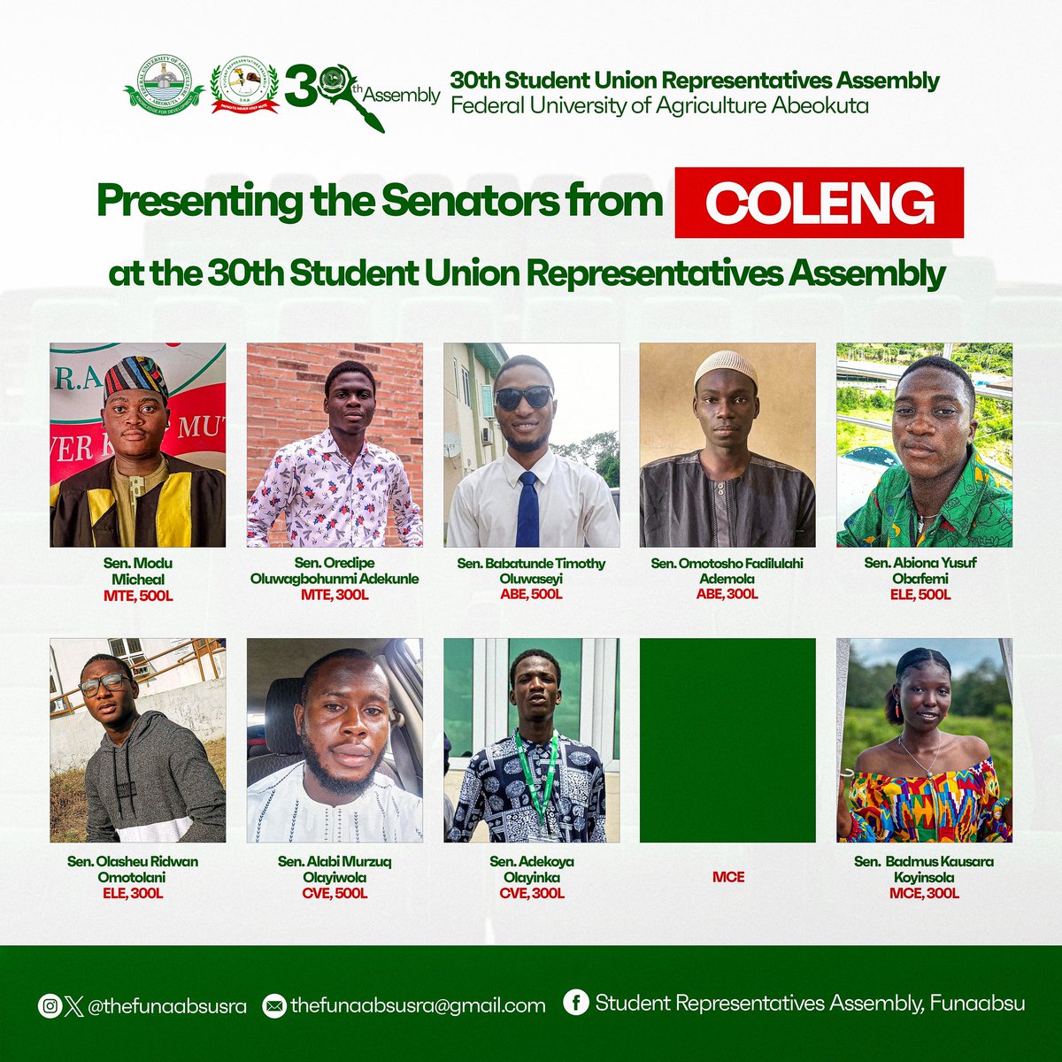TheFunaabsuSRA's tweet photo. Meet the dedicated senators representing the College of Engineering (COLENG), passionate about amplifying your voice and concerns!
Notably, COLENG is also home to the 3rd Deputy President of the Senate.
#RepresentingYou #SRA #COLENG https://t.co/fTxxSca9WE