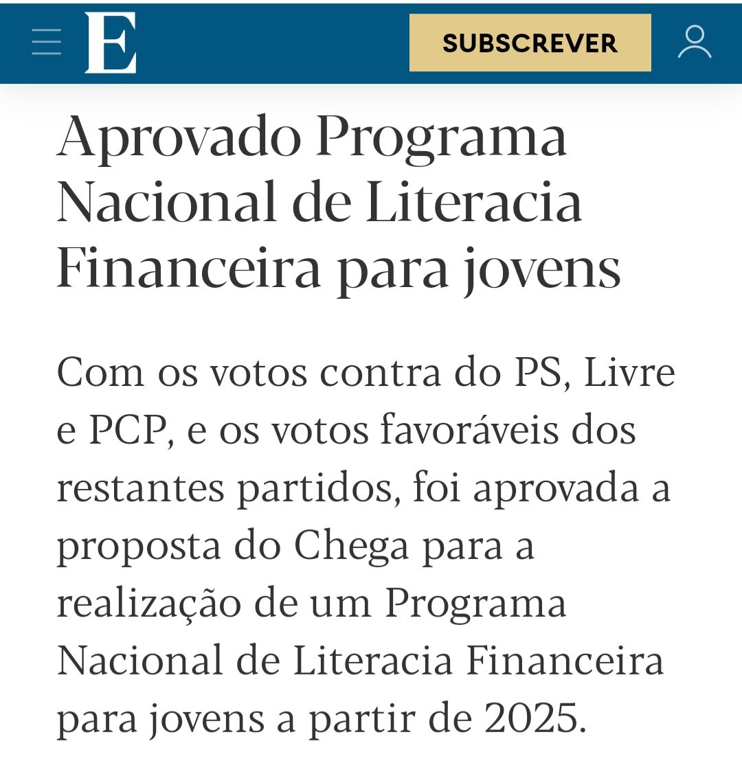 Medida importante.
Literacia financeira é essencial nos dias que correm.

Não se compreende o voto contra do <a href="/psocialista/">psocialista</a> ; já do <a href="/LIVREpt/">LIVRE</a> e <a href="/pcp_pt/">PCP</a> , não surpreende.