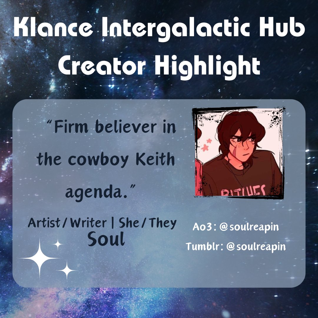 KlanceHub's tweet photo. Help us give some love to the wonderful creators in our community!

Check out Soul (@/soulreapin on tumblr) and their gorgeous creations! ❤️💙

#KLIHCreatorHighlight #klance #fanart #art #fanfic #fanfiction #keith #lance #KLIH https://t.co/vYsuQcKna8