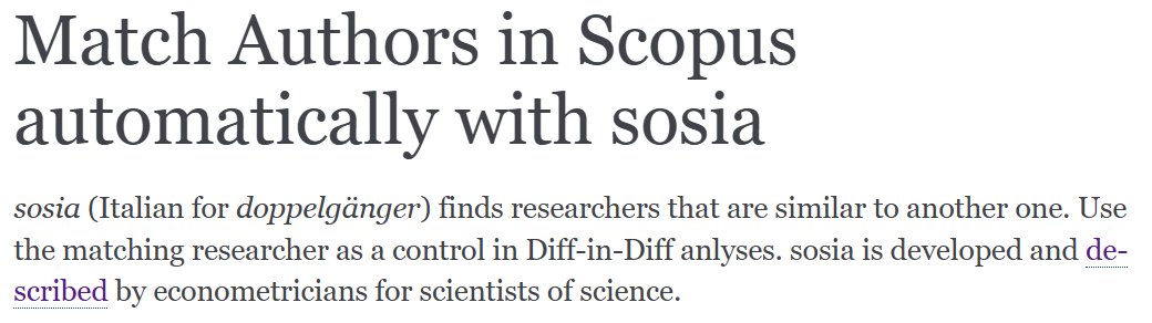 Michael E. Rose 🇺🇦 (@michael_e_rose) on Twitter photo #sosia 1.0 is out! 🖥️ A stable, efficient and reasonably fast version of our #opensource #Python package to find controls for scientists in #Scopus. Jointly developed by
<a href="/SHBaruffaldi/">Stefano H. Baruffaldi</a>
and me, we hope this tools enables some interesting research! sosia.readthedocs.io/en/latest/ #sosia 1.0 is out! 🖥️ A stable, efficient and reasonably fast version of our #opensource #Python package to find controls for scientists in #Scopus. Jointly developed by
<a href="/SHBaruffaldi/">Stefano H. Baruffaldi</a>
and me, we hope this tools enables some interesting research! sosia.readthedocs.io/en/latest/