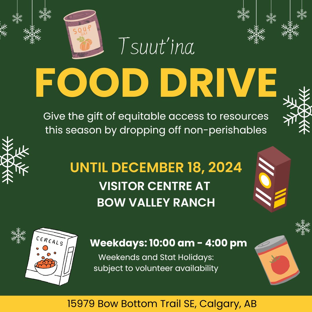 FishCreekPP's tweet image. Help us support the Tsuut'ina Food Bank by bringing your non-perishables to the Bow Valley Ranch Visitor Centre before December 18, 2024
Thank you!
-
#Calgary #Friendsoffishcreek #Fishcreek #Tsuutina #Foodbank #Fooddrive #YYC